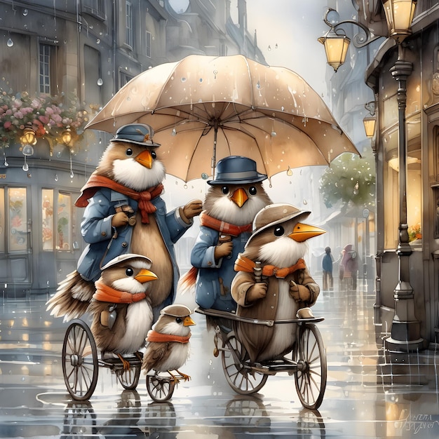 A family of little birds is gathered under the mother's umbrella The rain is falling and the mothe