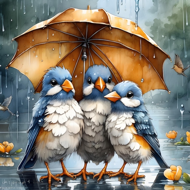 A family of little birds is gathered under the mother's umbrella The rain is falling and the mothe