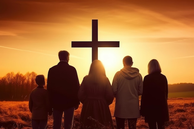 family looking for the cross on sunrise background AI generated