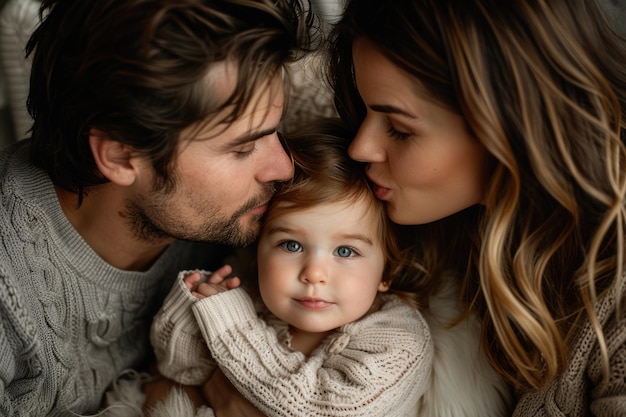 Family Love Caring Parents Kissing Their Little Daughter Bonding Together At Home