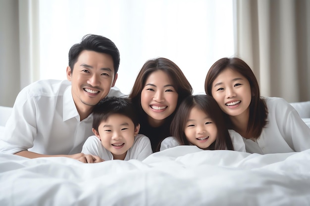 A family lying on a bed with their arms around each other and smiling.