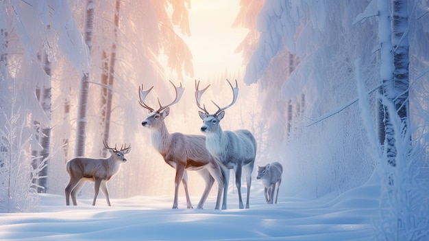 a family of majestic red deer gracefully moving through a snowcovered forest at the magical moment