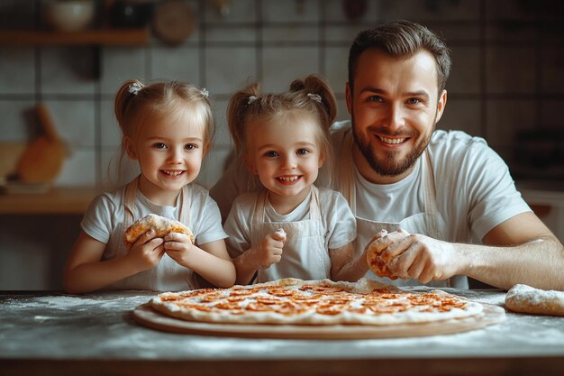 Family making homemade pizza photo