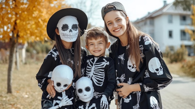 Photo family in matching skeleton costumes standing together