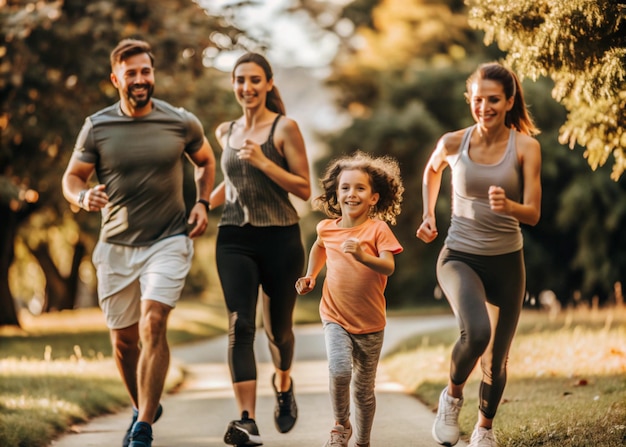 Family Morning Jog in a Lush Park