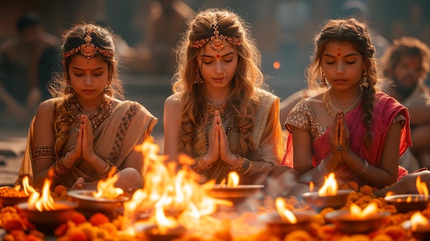 family offering prayers around the Holika fire