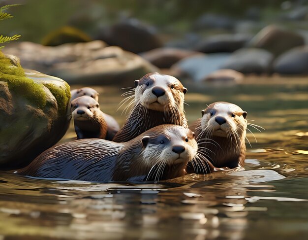 A family of otters playing in a clear mountain stream