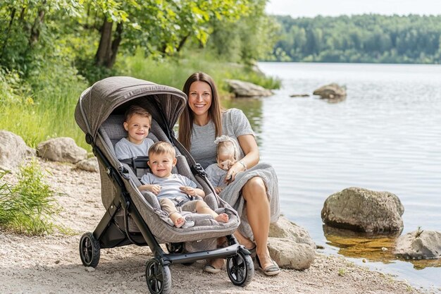 Photo family outing with a stroller symbolizing love connection and modern parenting