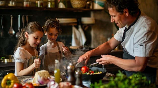 Photo family participating in cooking class in hotel kitchen