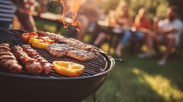 Photo family party in a sunny garden with barbecue grill cooking delicious sausages steaks and vegetables