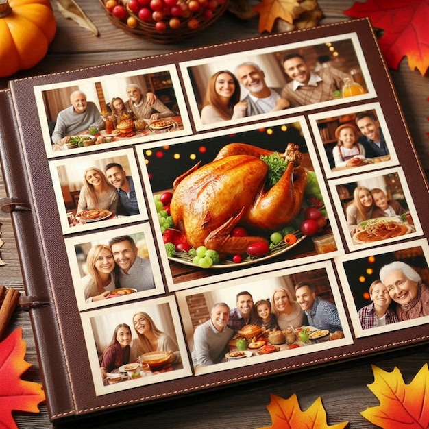 a family photo of a family and a turkey on a table