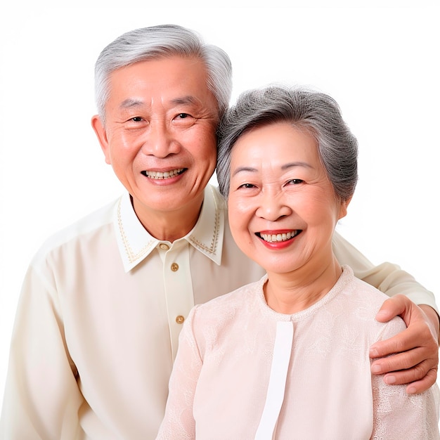 Family photo Happy elderly Asian couple on white background