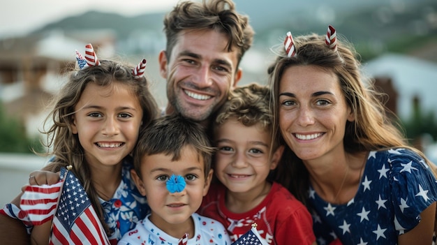 Photo family photo with a family wearing patriotic clothes and a red white and blue shirt