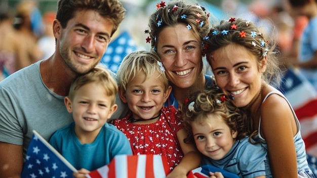 Photo family photo with a family wearing patriotic clothes and a red white and blue shirt