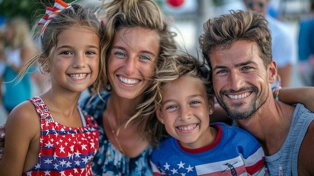 Photo family photo with a family wearing patriotic clothes and a red white and blue shirt