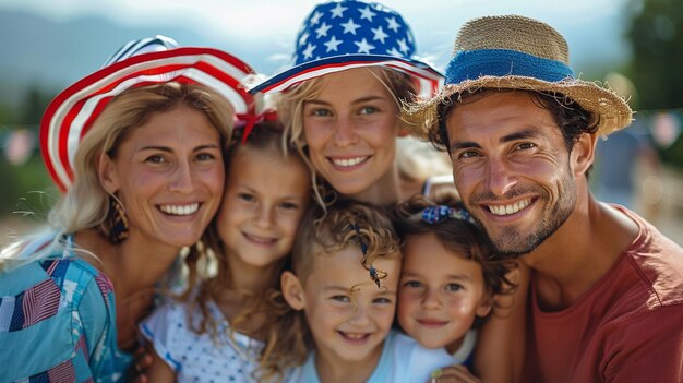 Photo family photo with a family wearing patriotic clothes and a red white and blue shirt