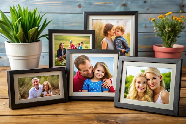 a family photo with a plant in the corner