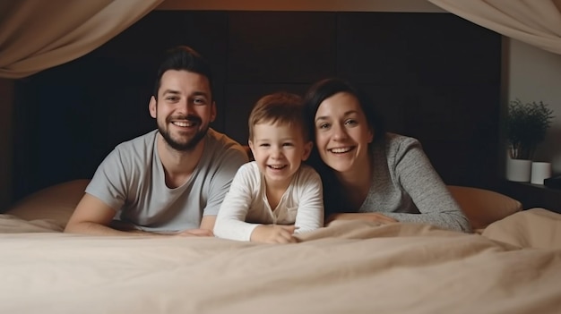 Family photo with a smiling contented man or mother and child son or daughter on a comfortable secure bed created by generative AI