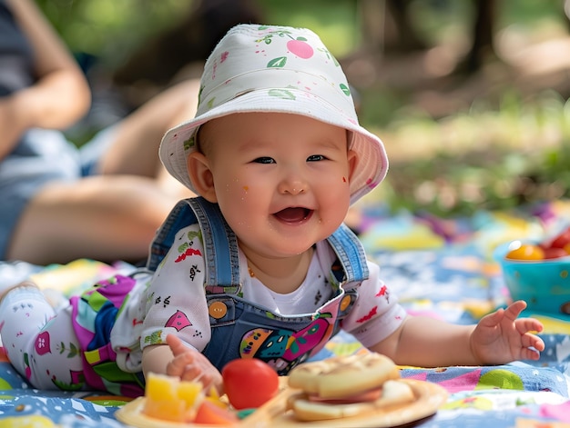 Family picnic baby tasting food for the first time