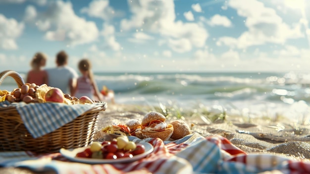 Photo family picnic on the beach with food spread ai generative