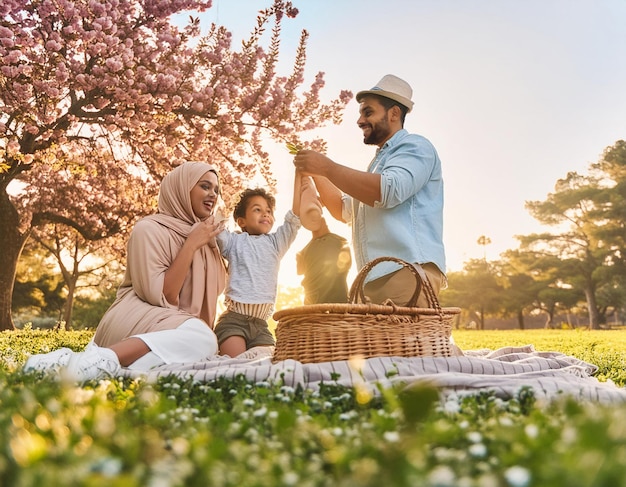 Family Picnic Under Blossoming Trees