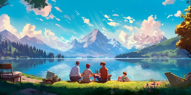 Family on a picnic by the lake against the backdrop of mountains Generative ai