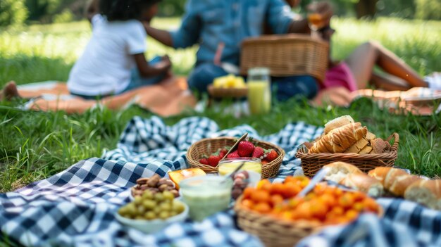 Photo a family picnic in the park with a blanket spread out on the grass and juneteenththemed snacks and t