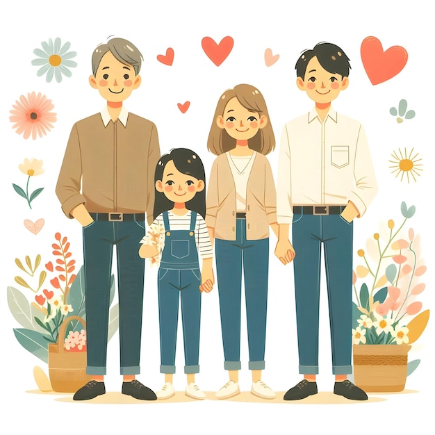 a family picture with a girl and a flower pot with hearts and a girl standing next to it