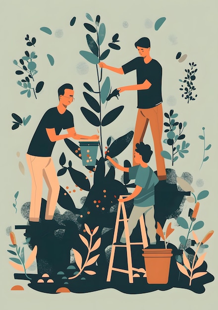 Photo family planting tree together in garden illustration