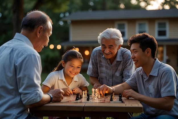 a family playing chess in front of a house with a man and an older man playing chess