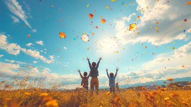 a family playing in a field with a sky background with the sun shining through their hands