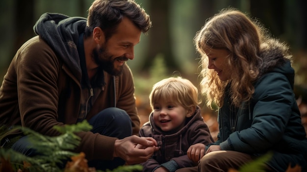 A family playing in the forest with a child