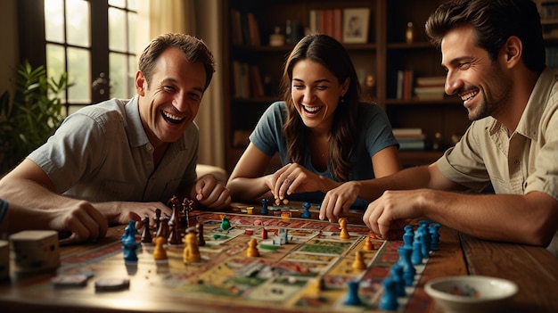 a family playing a game of chess in front of a book shelf