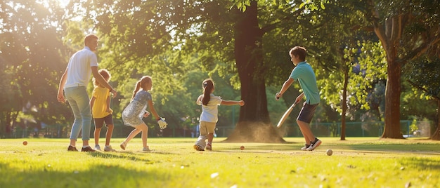 Photo a family playing in a park with a man and a woman holding hands and a child running