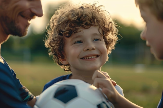 Family playing soccer outdoors with father and son interacting