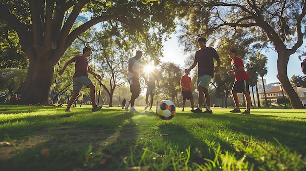 Photo a family playing soccer in a park with a tree in the background