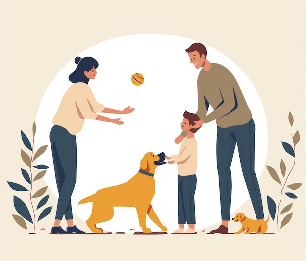 a family playing with a dog and a dog