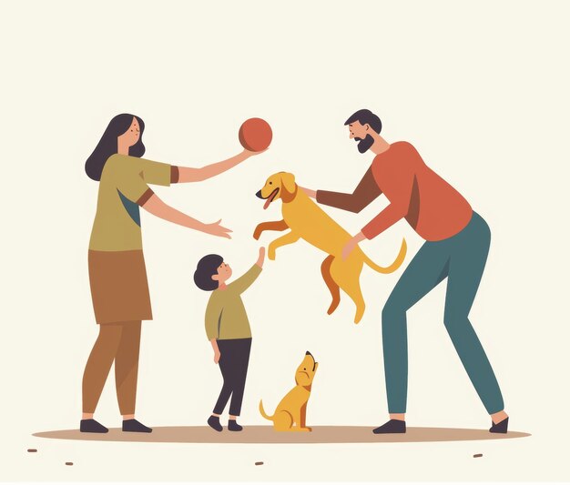 a family playing with a dog and a dog