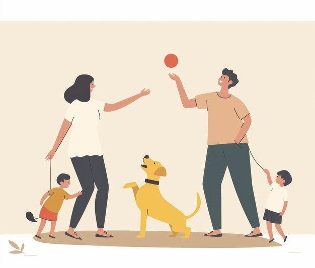 a family playing with a dog and a dog