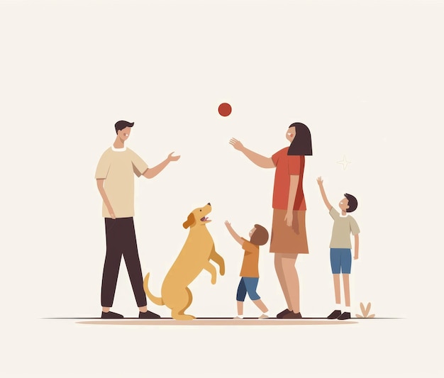 a family playing with a dog and a man with a dog