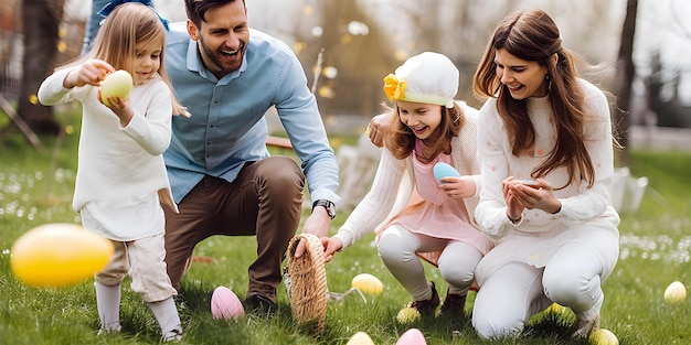 A family playing with easter eggs on a sunny day