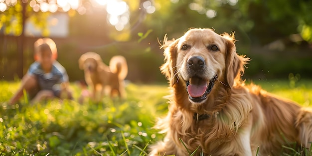 Family playing with golden retriever in backyard Concept Family Activities Pet Photography Backyard Fun