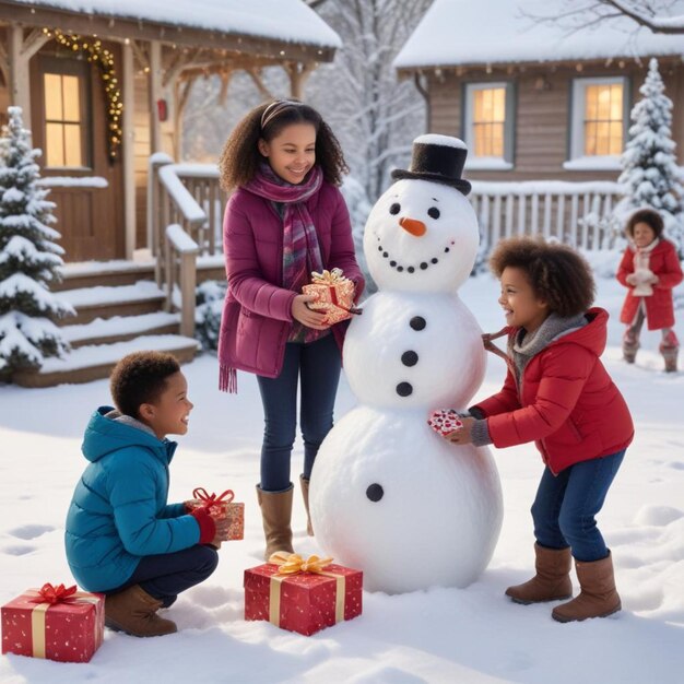 a family playing with a snowman and two children