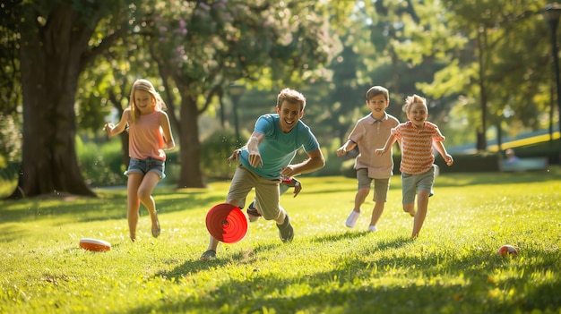 A family plays frisbee in a park on a sunny day