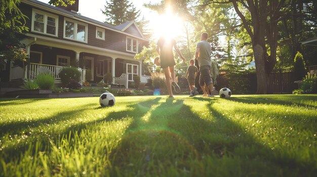 A family plays soccer in their backyard on a sunny day