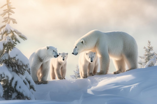 a family of polar bears standing in the snow