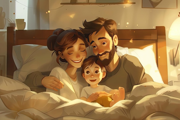 Family Portrait in Bedroom with Parents and Child