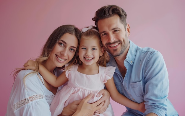 A Family Portrait Captured in a Moment of Joy and Love Against a Pink Background