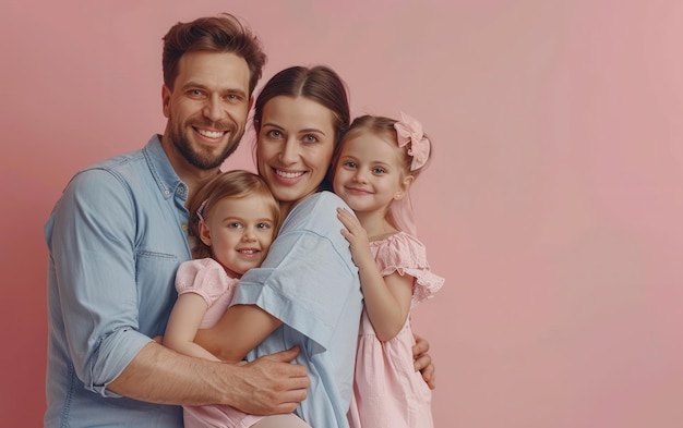 A Family Portrait Captured in a Moment of Love and Joy Against a Soft Pink Background