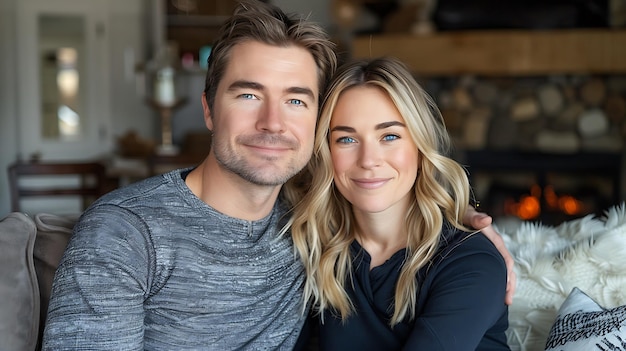 Photo family portrait of happy millennial husband and wife sit on couch hug